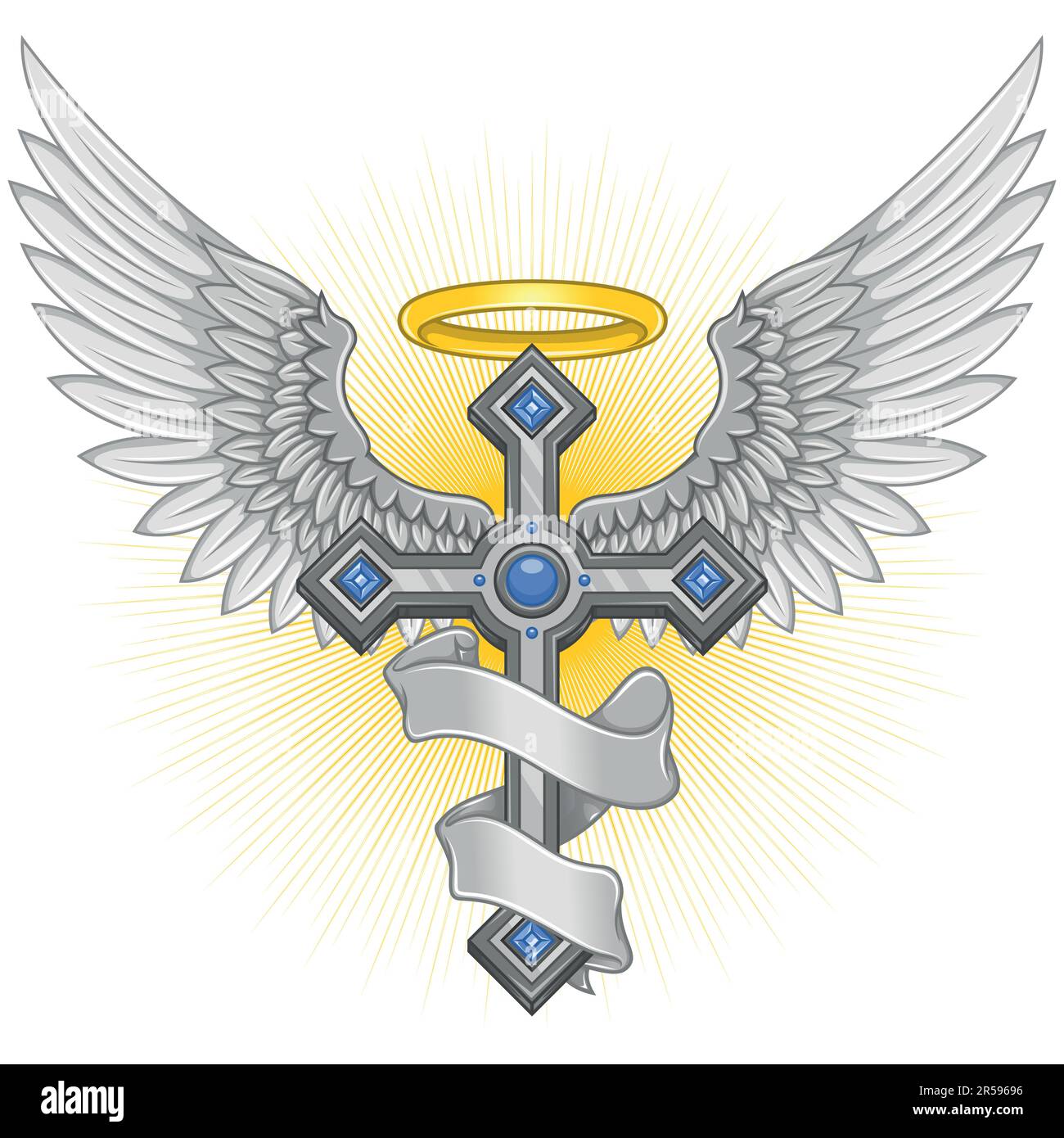 Conception vectorielle de croix ailées avec ruban, croix céleste avec ailes, symbologie chrétienne du paradis Illustration de Vecteur