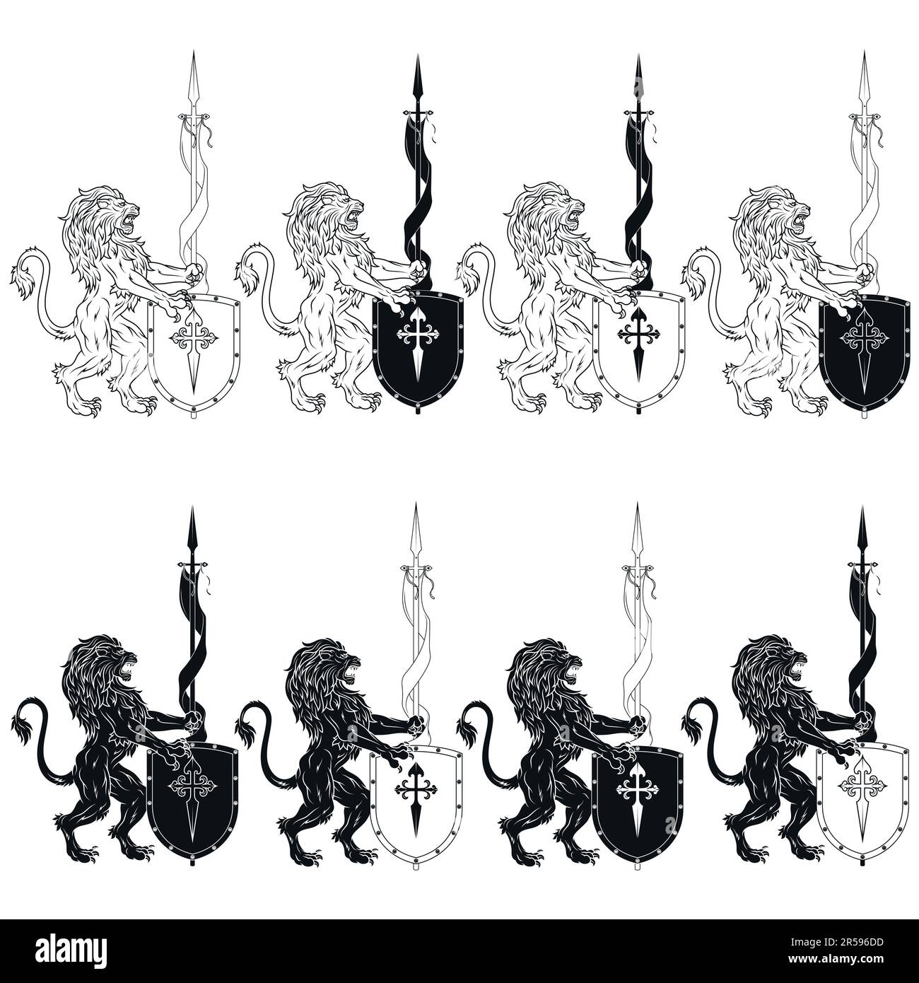 Motif vectoriel de lion endémique avec fennant et bouclier médiévaux, lion armé avec lance et bouclier, symbole héraldique du Moyen-âge européen Illustration de Vecteur