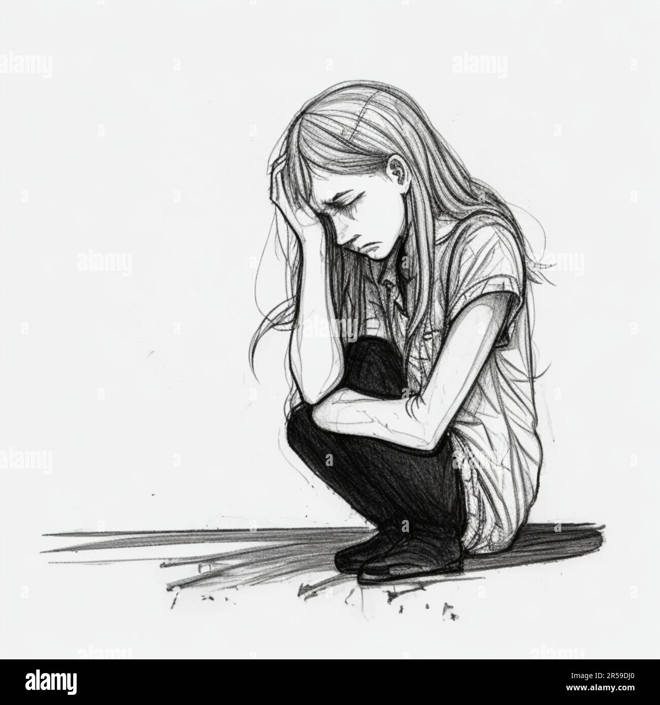 Dessin de dessins animés avec art de ligne de la jeune femme seule a un problème de santé mentale, souffrant de l'émotion solitude, la dépression Banque D'Images