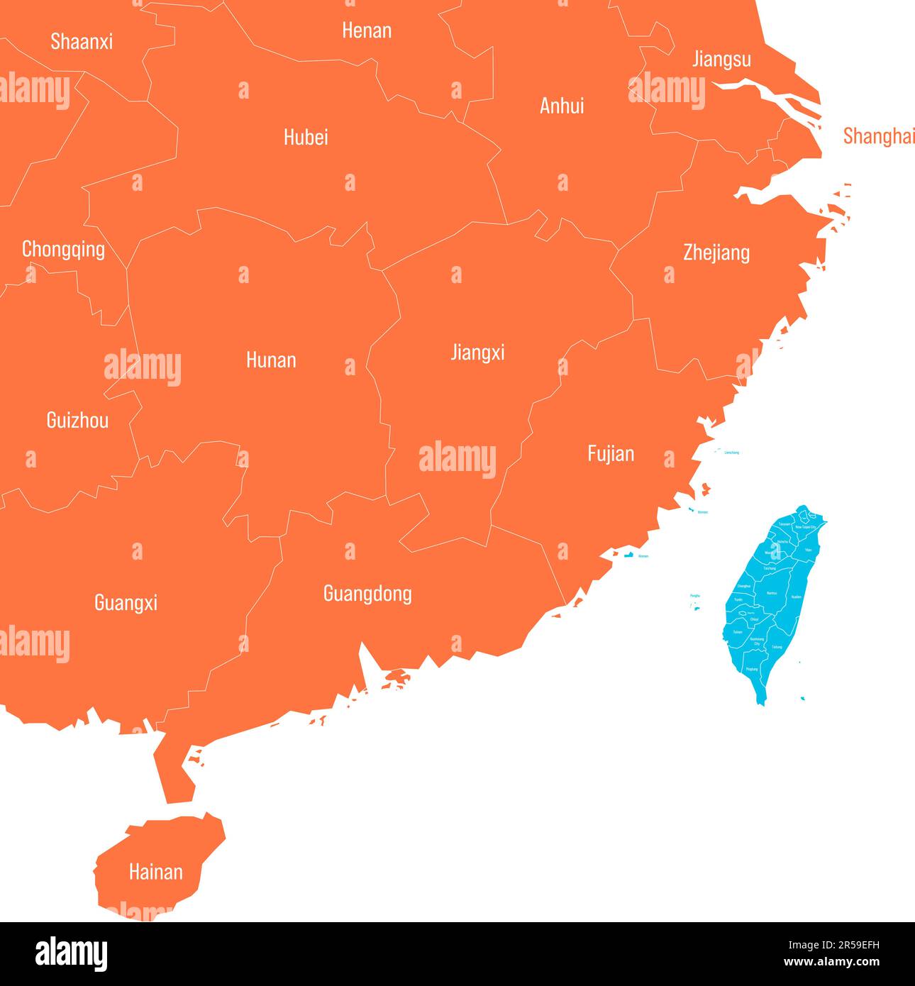 La carte politique de Taïwan et de la Chine a été axée sur Taïwan et les provinces chinoises les plus proches. Les deux pays avec des divisions administratives de couleurs différentes. Carte vectorielle avec étiquettes. Illustration de Vecteur