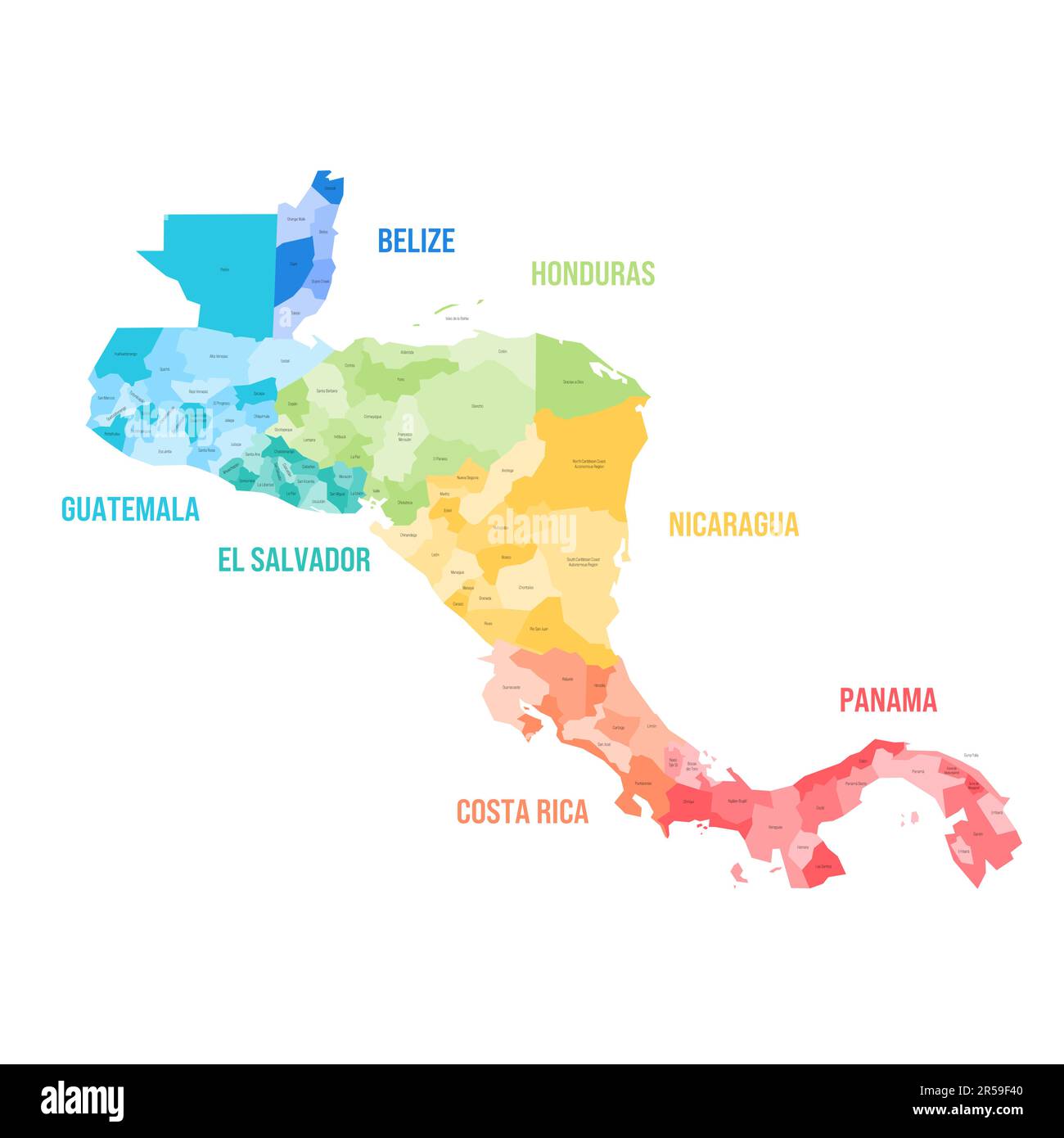 Pays d'Amérique centrale - carte avec les divisions administratives du Belize, du Guatemala, du Honduras, d'El Salvador, du Nicaragua, Costa Rica et Panama. Carte colorée avec étiquettes. Illustration de Vecteur