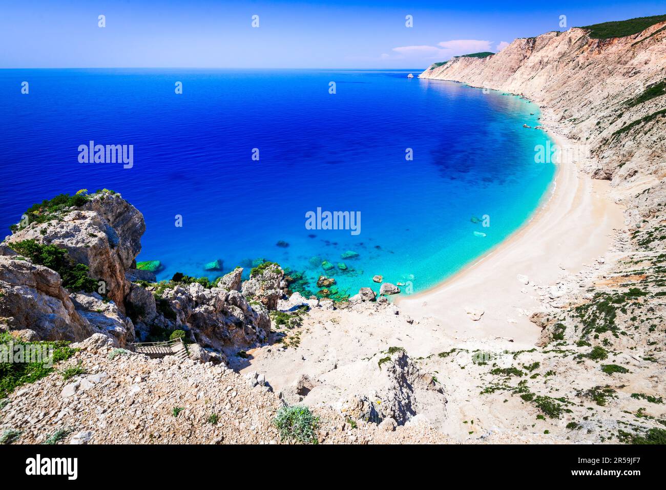 Kefalonia, Grèce. La plage sauvage de Platia Ammos, l'une des plus belles plages de l'île de Céphalonie, la mer Ionienne, le paysage grec de vacances d'été. Banque D'Images