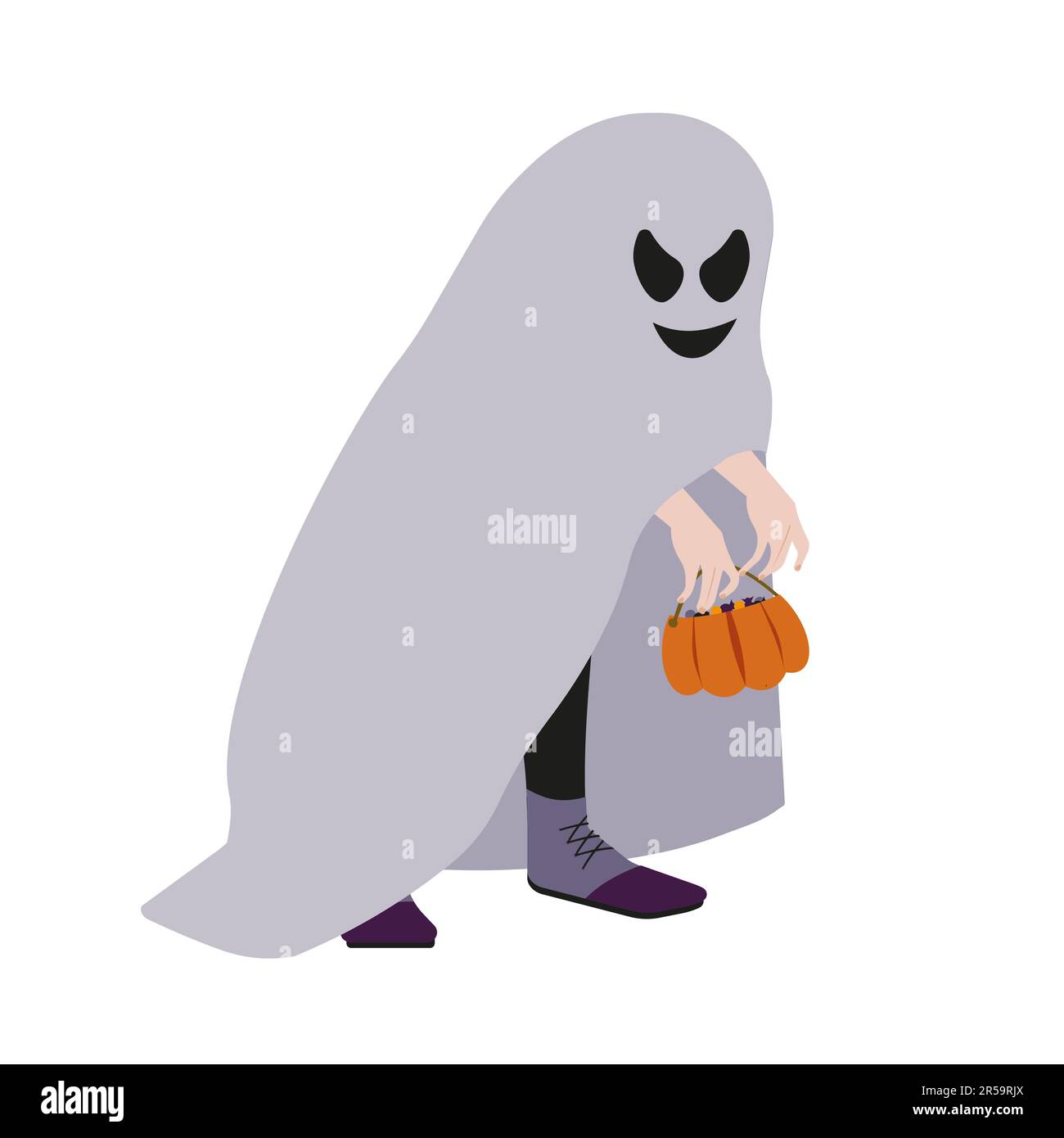 Enfant avec le manteau fantôme souriant mal, tenant des sacs avec des bonbons. Personnage de fête d'Halloween. Illustration vectorielle isolée. Illustration de Vecteur