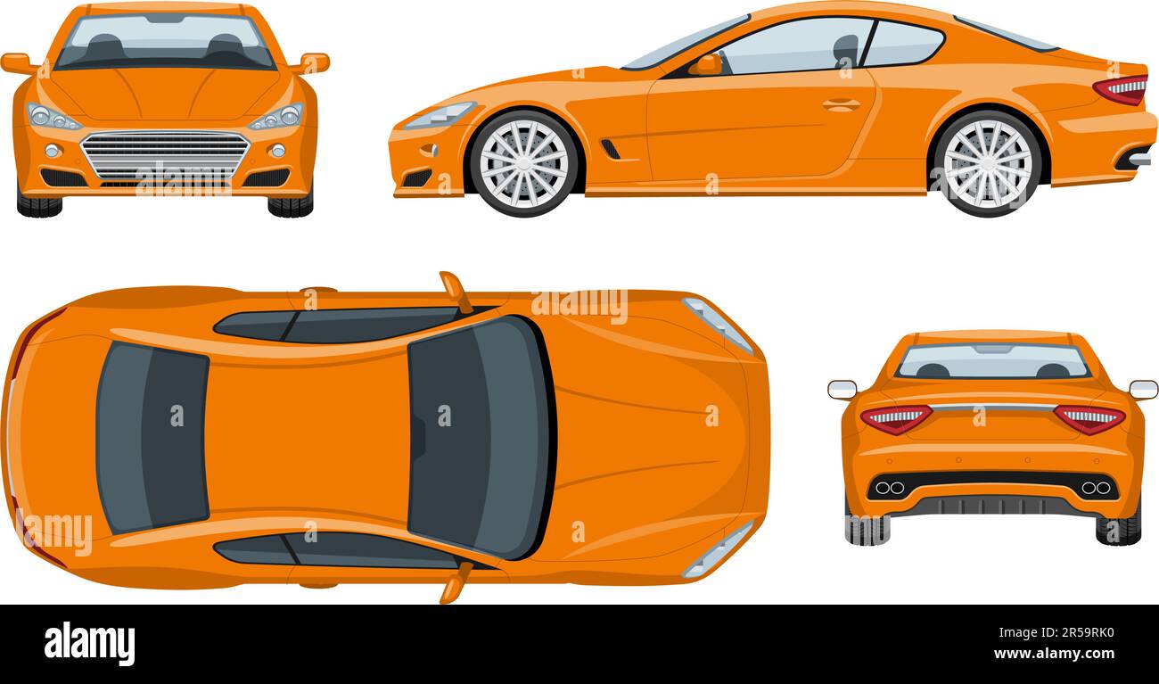 Modèle de vecteur de voiture de sport orange avec des couleurs simples sans dégradés ni effets. Vue latérale, avant, arrière et supérieure Illustration de Vecteur