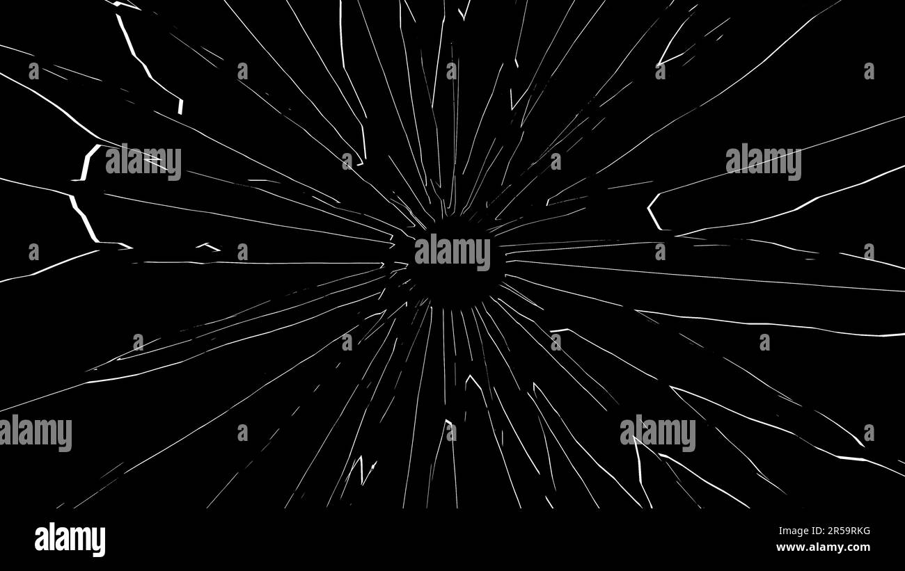 Verre brisé avec trou de balle isolé sur fond noir - illustration 3D Banque D'Images