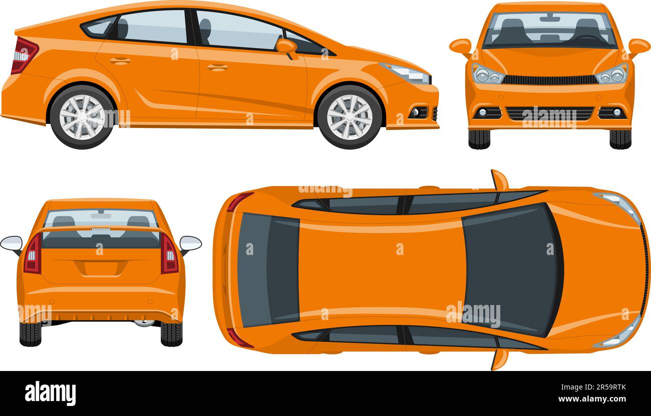 Modèle de vecteur de voiture orange avec des couleurs simples sans dégradés ni effets. Vue latérale, avant, arrière et supérieure Illustration de Vecteur