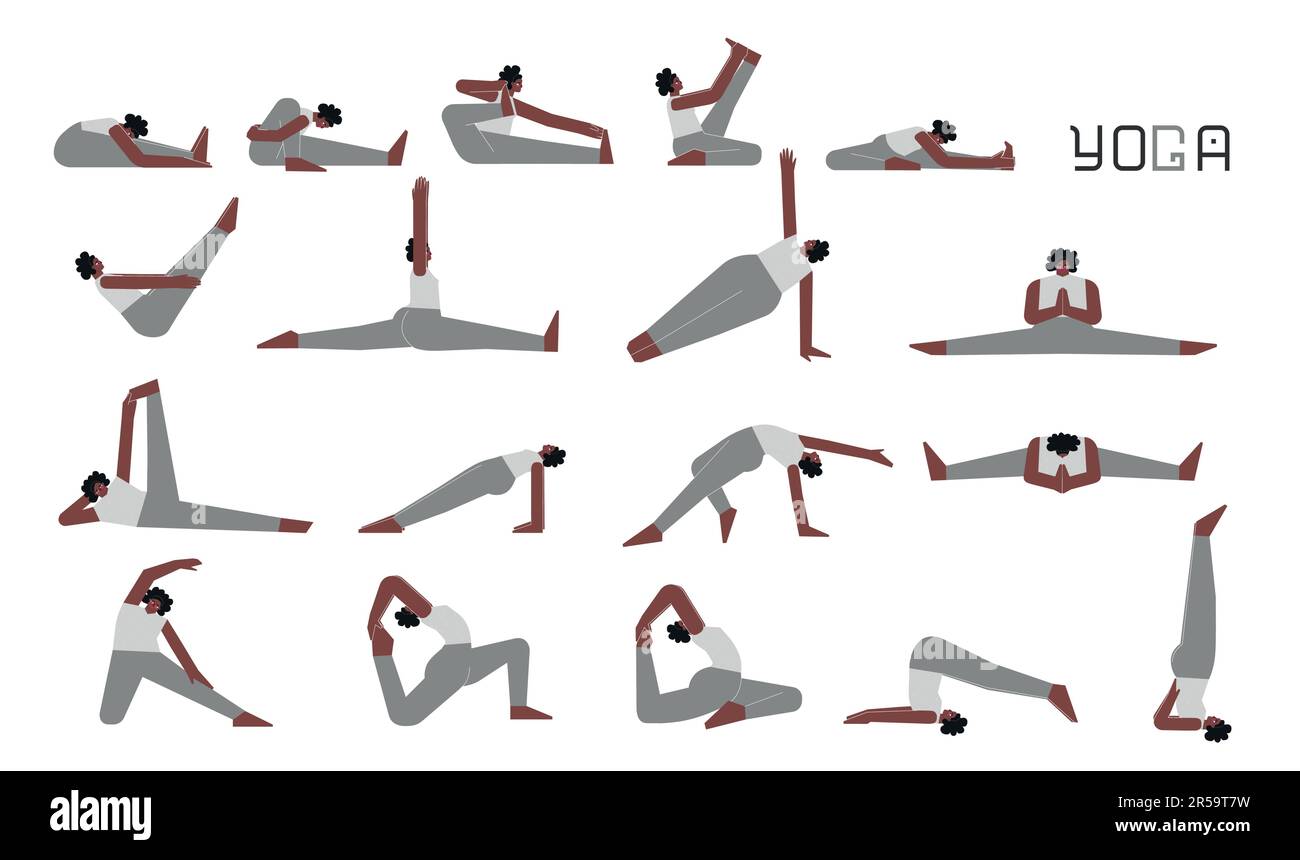 Collection d'illustrations vectorielles plates avec personnage adulte féminin faisant du yoga. Une femme afro-américaine apprend des postures étirements assis. Ensemble de sp. De base Illustration de Vecteur Collection d'illustrations vectorielles plates avec personnage adulte féminin faisant du yoga. Une femme afro-américaine apprend des postures étirements assis. Ensemble de sp. De base Illustration de Vecteur