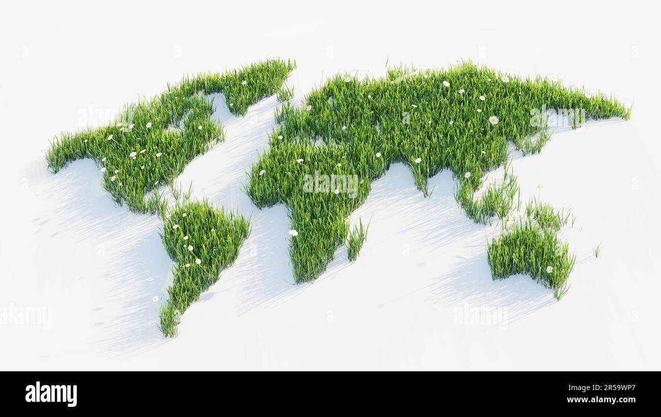 Carte du monde en herbe verte et fleurs, illustration 3D Banque D'Images