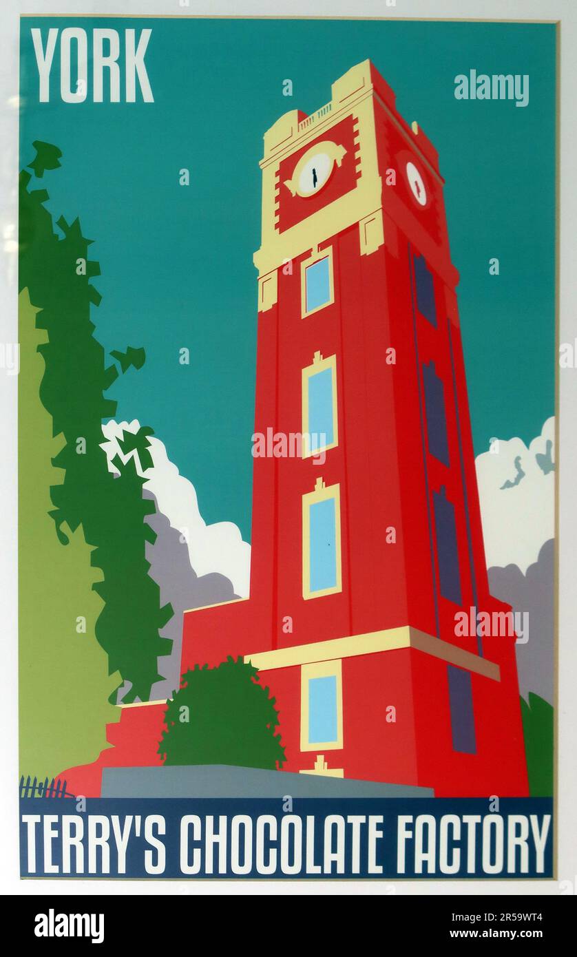 York Terrys Chocolate Factory graphique en rouge et orange, The Chocolate Works sur Bishopthorpe Road, York, un bâtiment historique Art déco avec horloge Banque D'Images