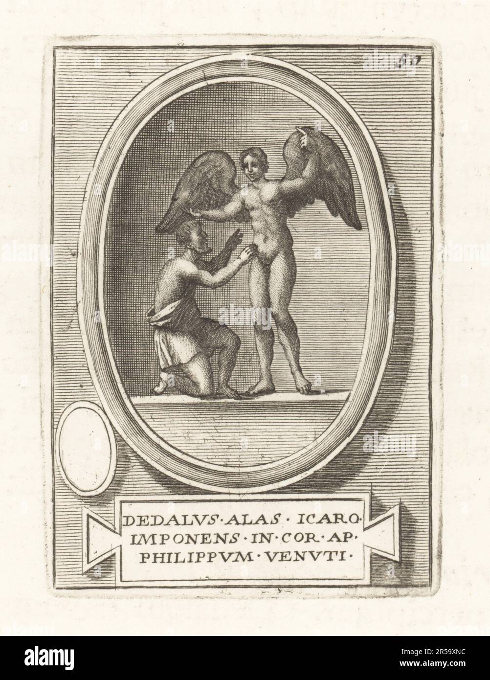 Daedalus fixant des ailes sur son fils Icarus. Dans le mythe grec, Daedalus était un artisan athénien et architecte du labyrinthe de Crète. Taitle et Vikare dans Etruscan. D'un bijou cornélien gravé. Dedalus alas Icaro Imponens dans Cor ap Philippum Venuti. Gravure de plaques de cuivre de Francesco Valesio, Antonio Gori et Ridolfino Venuti’s Academia Etrusca, Musée Cortonense in quo Vetera Monumenta, (Académie étrusque ou Musée de Cortona), Faustus Amideus, Rome, 1750. Banque D'Images