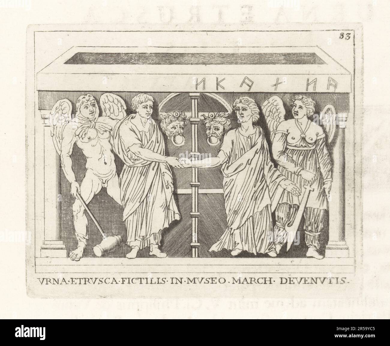 Mariée et marié avec des divinités d'une urne en poterie étrusque. La femme ailée avec l'épée peut-être Discordia ou l'un des Furies, l'homme ailé dans la cagoule de peau d'animal avec marteau peut-être le Genius de la jalousie. Urna Etrusca Fictilis au Museo March Devenutis. Gravure de plaques de cuivre de Francesco Valesio, Antonio Gori et Ridolfino Venuti’s Academia Etrusca, Musée Cortonense in quo Vetera Monumenta, (Académie étrusque ou Musée de Cortona), Faustus Amideus, Rome, 1750. Banque D'Images