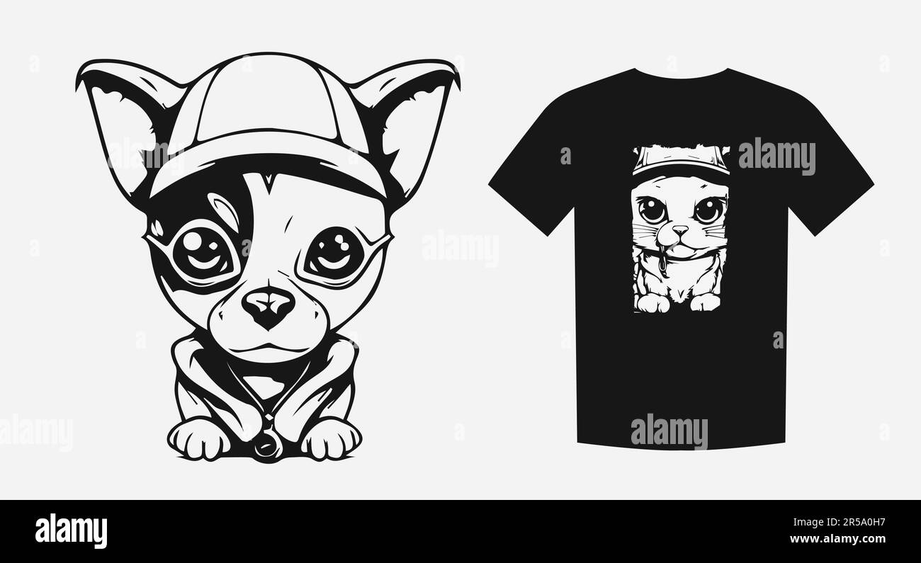 Chiot pirate mélancholique dans un style de dessin animé monochrome. Parfait pour les imprimés, les chemises et les logos. Expressif et unique. Illustration vectorielle. Illustration de Vecteur