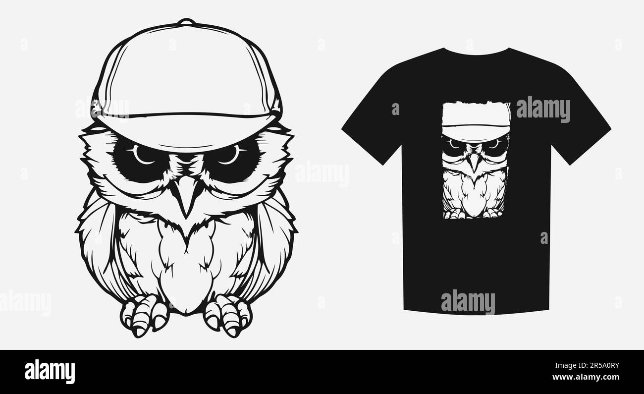 Dessin animé monochrome sérieux d'un hibou d'enfant avec une tasse de café. Parfait pour les imprimés, les chemises et les logos. Exprime de la fatigue, de l'insatisfaction et de l'opinion Illustration de Vecteur