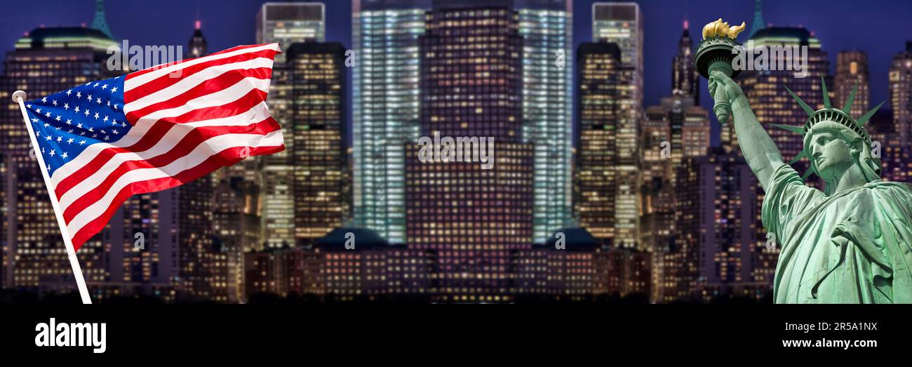 Statue de la liberté de New York et bannière web panoramique drapeau Banque D'Images