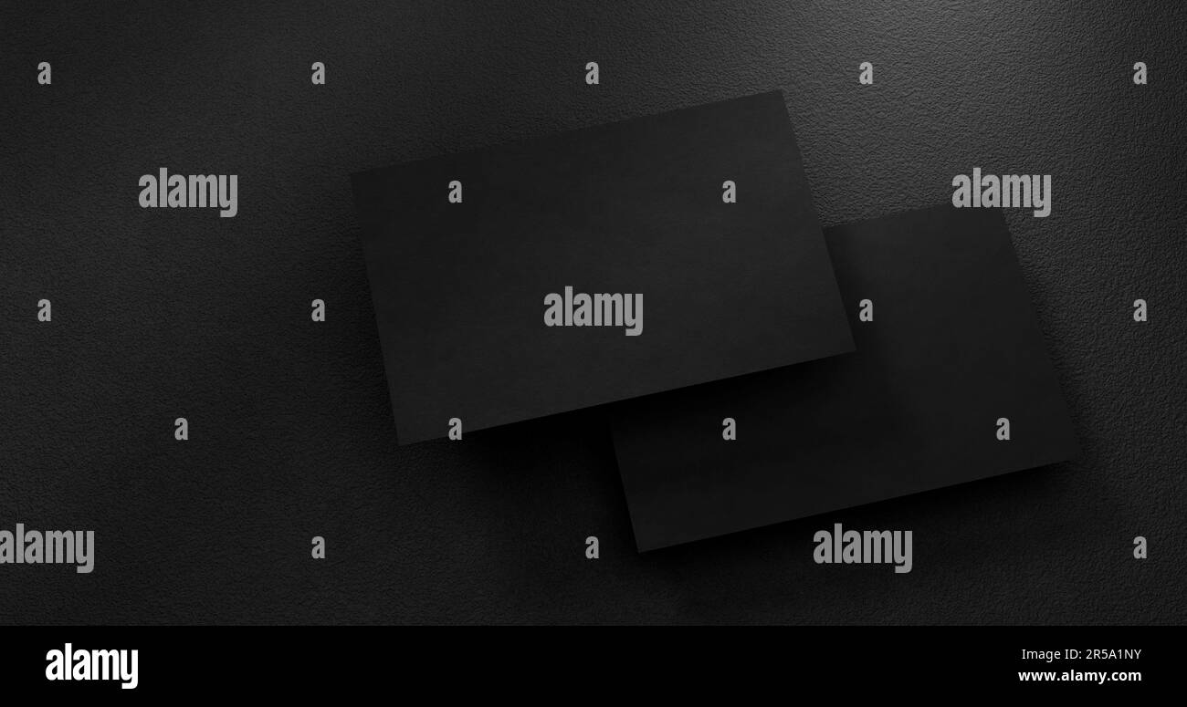 les cartes de visite noires se masquent sur un arrière-plan texturé. Style moderne. Maquette personnalisable Banque D'Images
