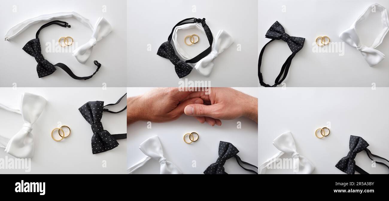 Plusieurs compositions conceptuelles de mariage gay avec un noeud noir avec des points blancs et un noeud blanc et deux anneaux de mariage. Vue de dessus. Banque D'Images