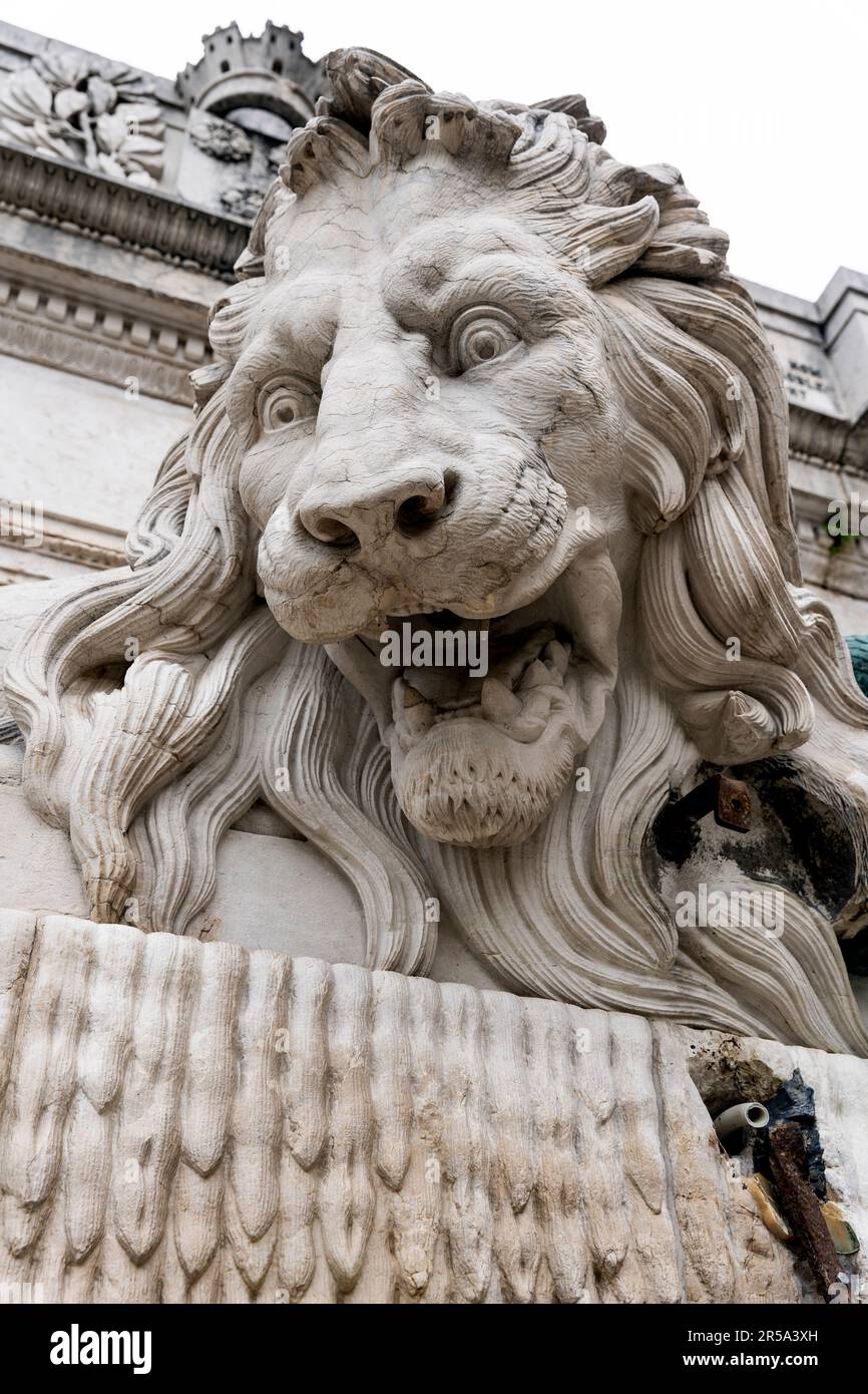 Détail de la fontaine du Lion en marbre, construite au 19e siècle par Victor Sappey, rue Saint-Laurent, Grenoble, France Banque D'Images