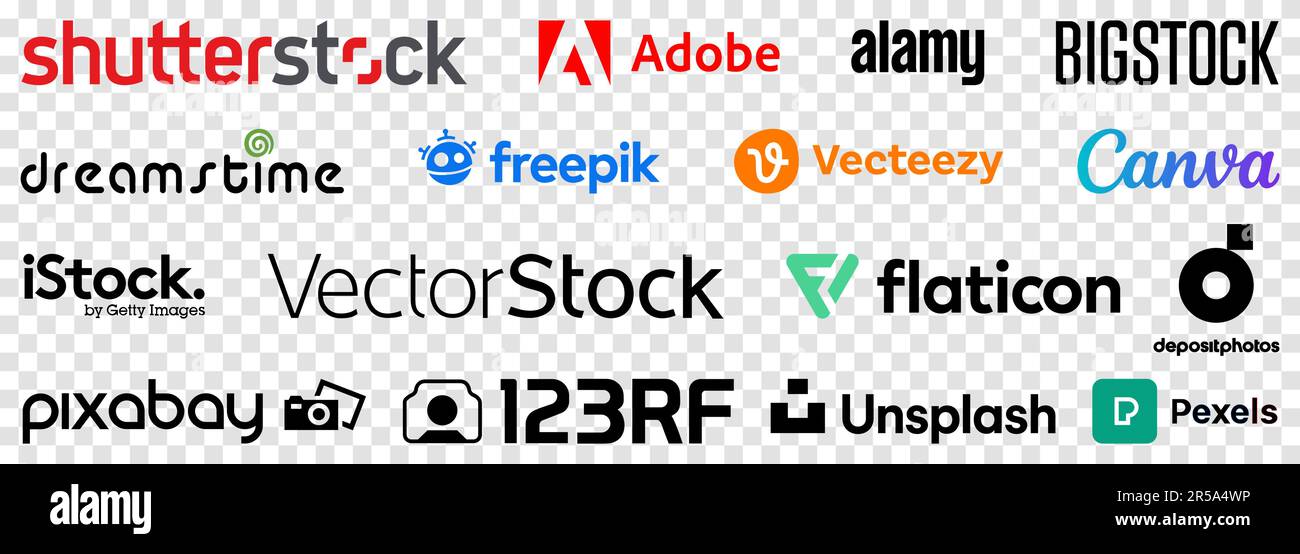 Ensemble de logos de stock photo. Shutterstock, Adobe stock, Alamy, Bigstock, Dreamstime, Freepik, Vecteezy, Canva, iStock, Vectorstock, etc Icônes éditoriales Illustration de Vecteur