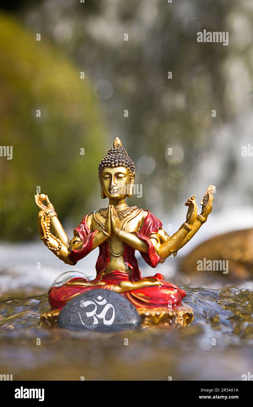 bouddha à six armes dans l'eau, pierre avec symbole om Banque D'Images