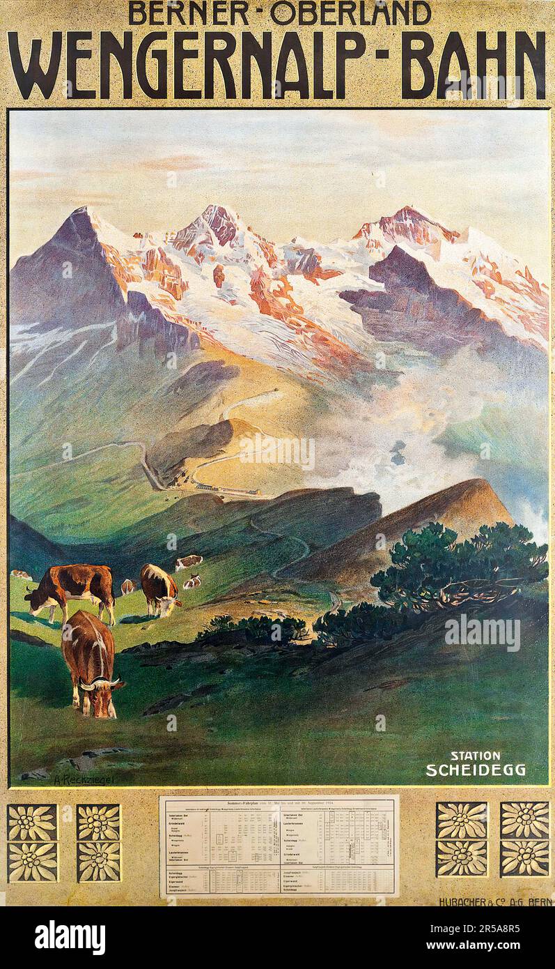 Affiche de voyage antique - Suisse - Anton Reckziegel (1865-1936) BERNER-OBERLAND, WENGERNALP-BAHN c 1914 Banque D'Images