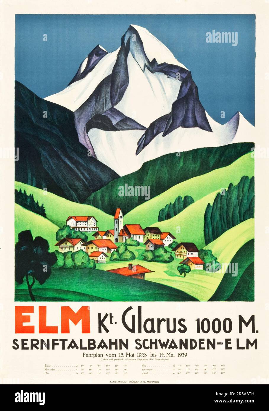 Elm, kt Glarus 1000 M, Sernftalbahn Schwanden-Elm, Suisse affiche de voyage (1928) - Calendrier vintage. Artiste inconnu. Banque D'Images