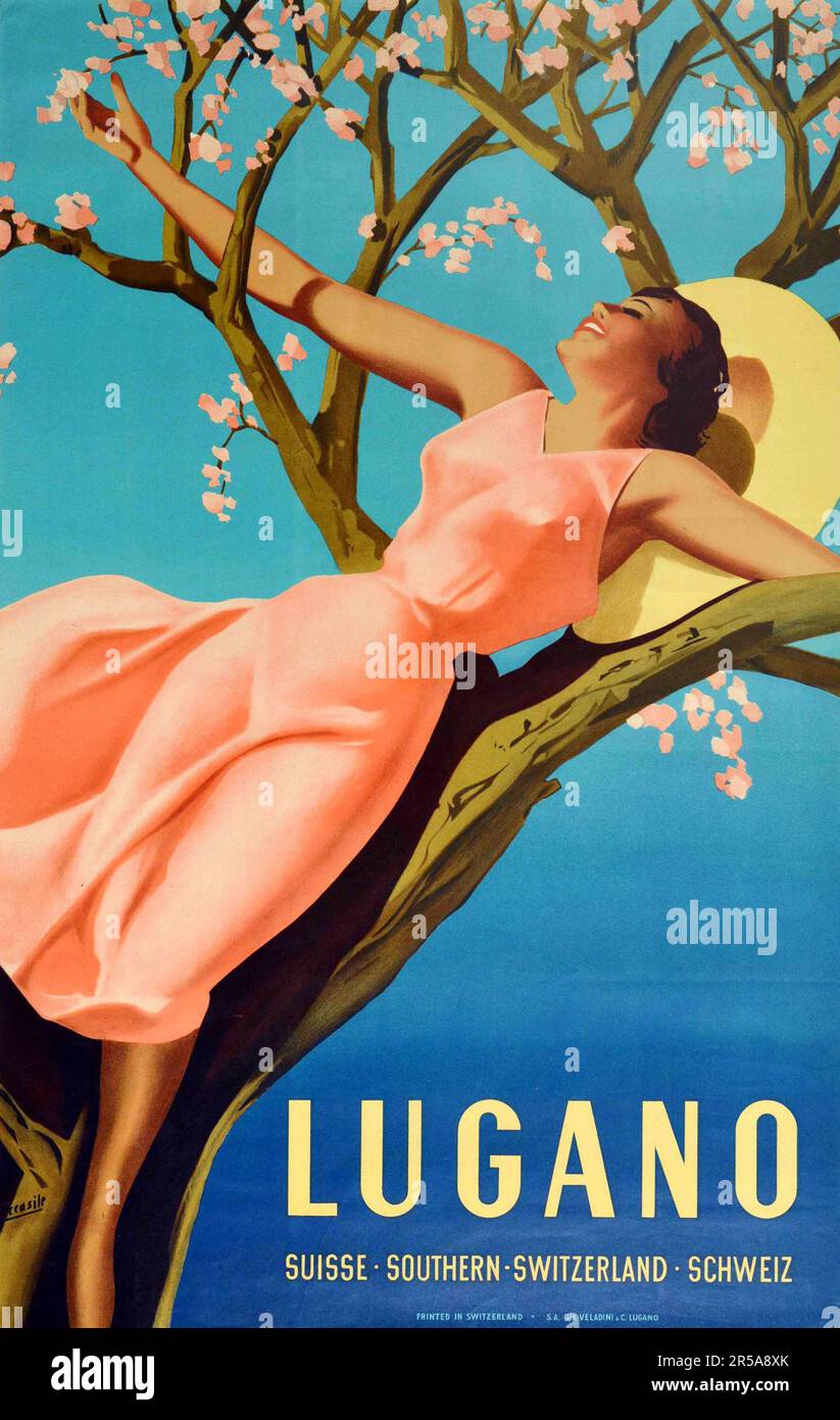 Vintage Spring Travel Poster Lugano Suisse Suisse Suisse Sud Schweiz 1939 - Gino Bocsile 1901-1952 Banque D'Images