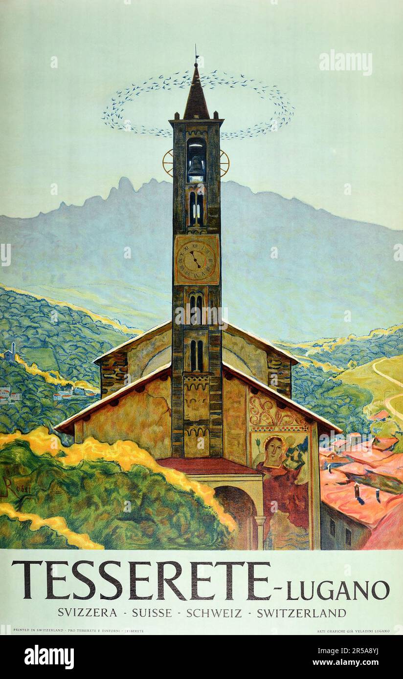 Affiche de voyage vintage - Tesserete Lugano Suisse Eglise Santo Stefano (à l'origine 1909) - Luigi Rossi (1853–1923) Banque D'Images