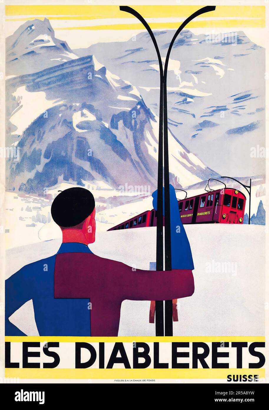 Affiche de voyage vintage Vaud, Suisse - artiste anonyme - LES DIABLERETS c 1930. Un chemin de fer de montagne Banque D'Images