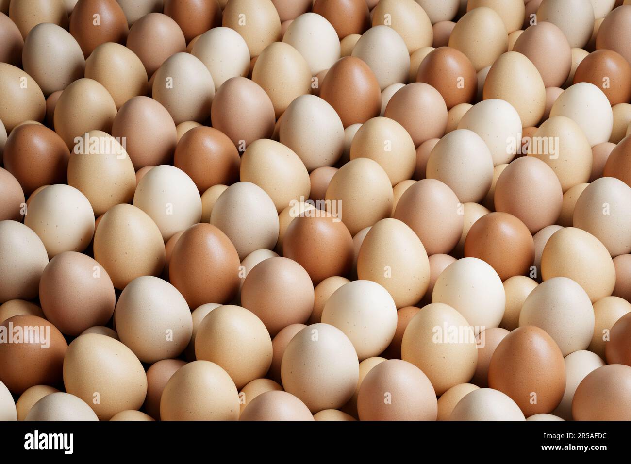 Vue de dessus d'une abondance d'œufs de poule frais et sains dans différentes nuances de coquillages disposés soigneusement dans un carton d'oeufs, parfait pour un délicieux timbre Banque D'Images
