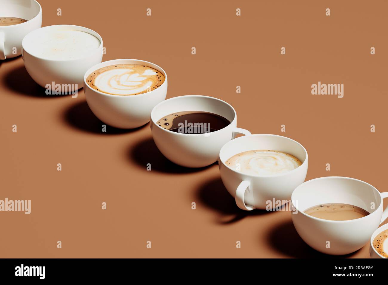 Différents types de boissons à base de café. Vue latérale sur la table  brune avec de délicieuses boissons chaudes dans les tasses. Art Latte,  cappuccino, americano, espresso, blanc plat Photo Stock -