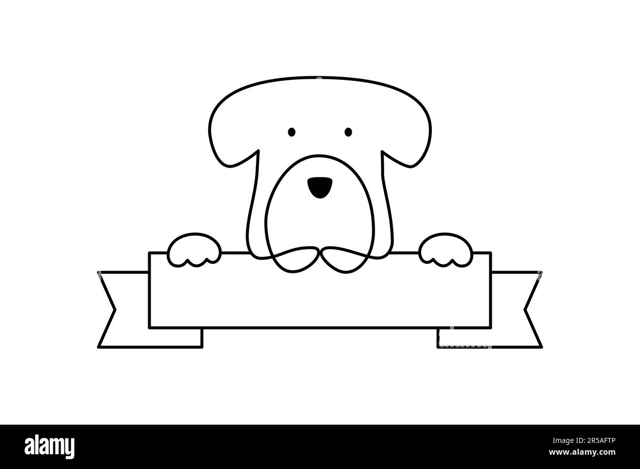 Magasin de logo de chien tenant un tableau blanc, une carte ou une bannière. Illustration vectorielle monoline dessinée à la main avec place pour le texte. Livre pour enfants, anniversaire ou Illustration de Vecteur