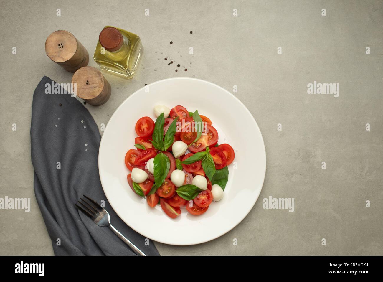 Salade de tomates, mozzarella et basilic sur fond gris Banque D'Images