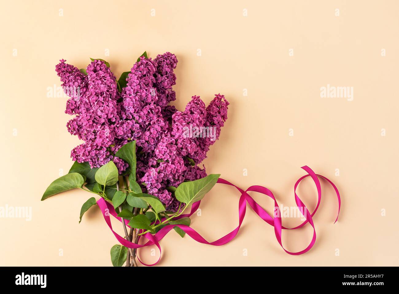 Branche de fleurs de lilas bordeaux et un ruban de satin sur fond orange avec un endroit pour le texte. Flat lay, espace de copie Banque D'Images