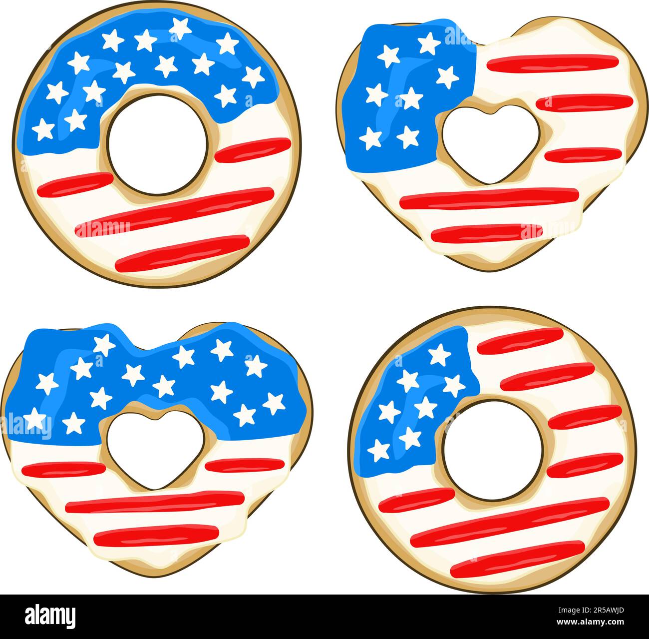 Ensemble de beignets aux couleurs du drapeau américain. 4th juillet. Journée nationale du Donut. Jour de l'indépendance Illustration de Vecteur