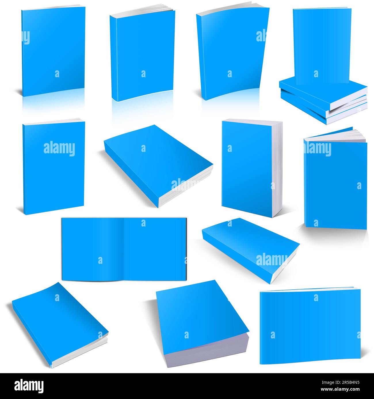 Treize livres de poche vierges modèle bleu clair pour les présentations et la conception. 3D rendu. Image générée numériquement. Isolé sur bac blanc Banque D'Images