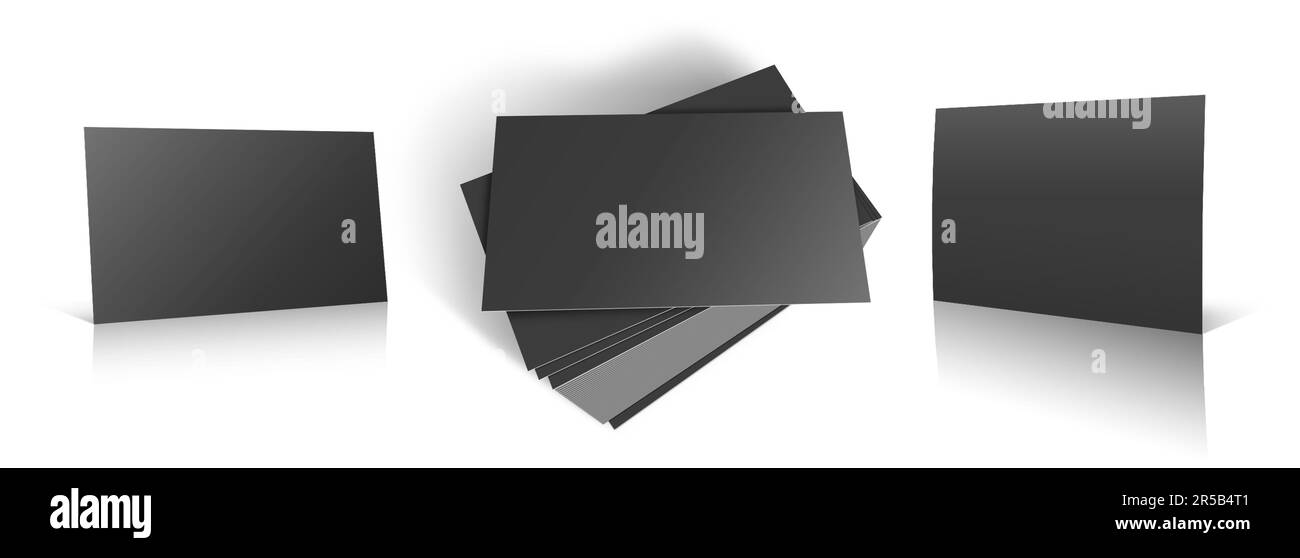 Modèle de trois cartes de visite noir pour les présentations et la conception. 3D rendu. Image générée numériquement. Isolé sur fond blanc. Banque D'Images