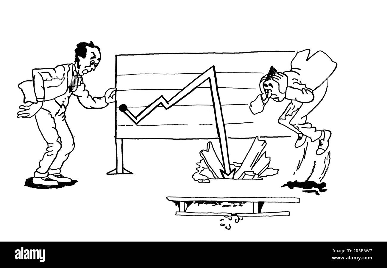 Deux hommes d'affaires terrifiés regardent le graphique financier. Graphique descendant si fort qu'il traverse le sol. Vente de concepts d'illustration de conception plate Banque D'Images