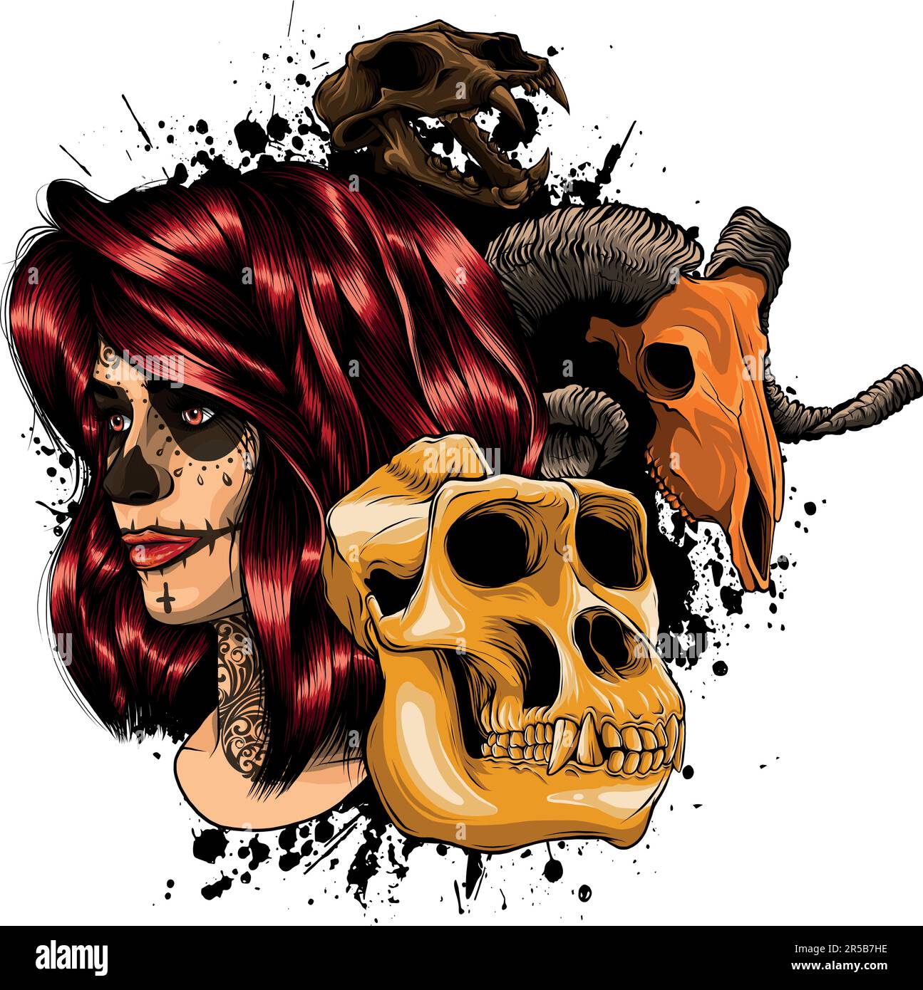 illustration vectorielle du crâne animal et de la tête de la femme Illustration de Vecteur