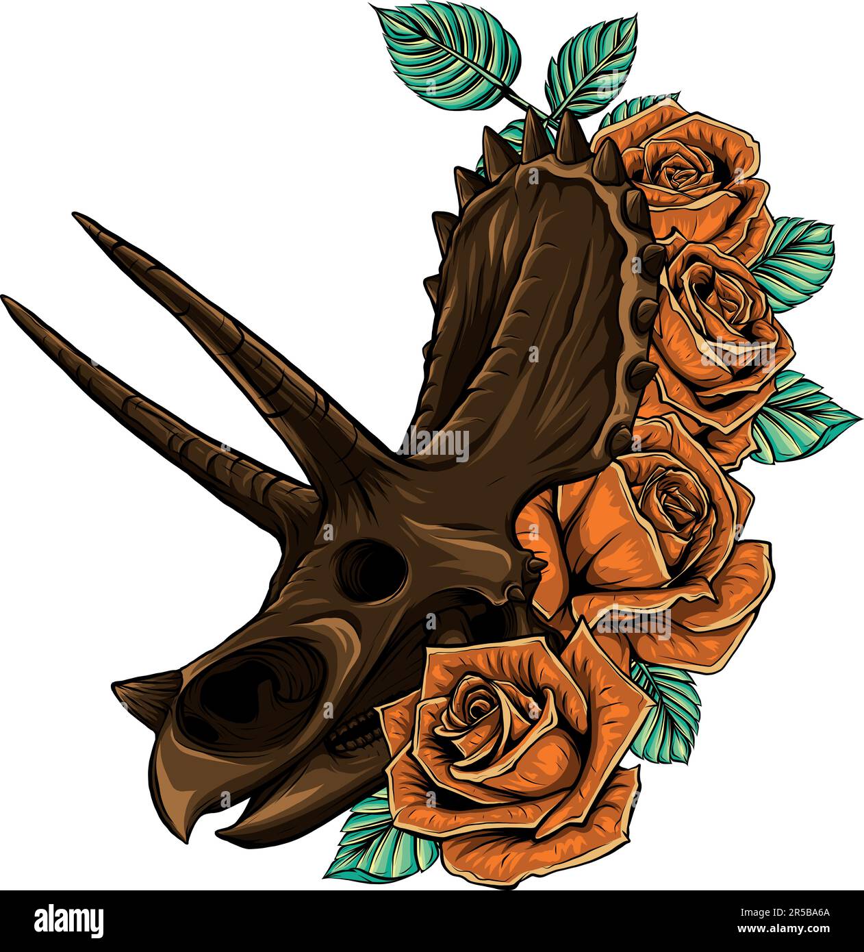 Crâne de Triceratops avec rose sur fond blanc Illustration de Vecteur