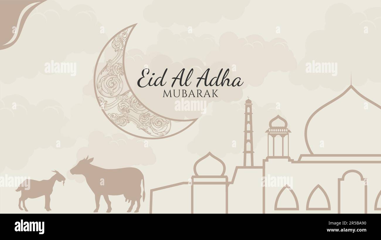 eid al adha fond vectoriel plat dans des couleurs pastel et style doodle. convient pour une utilisation sur une carte de vœux. affiche horizontale.en-tête pour le site web Illustration de Vecteur