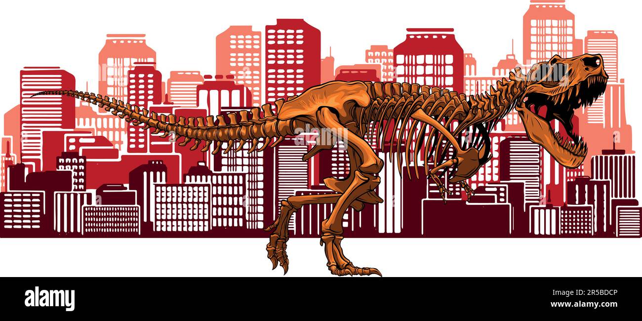 illustration vectorielle du squelette de tyrannosaurus sur la ville en arrière-plan Illustration de Vecteur