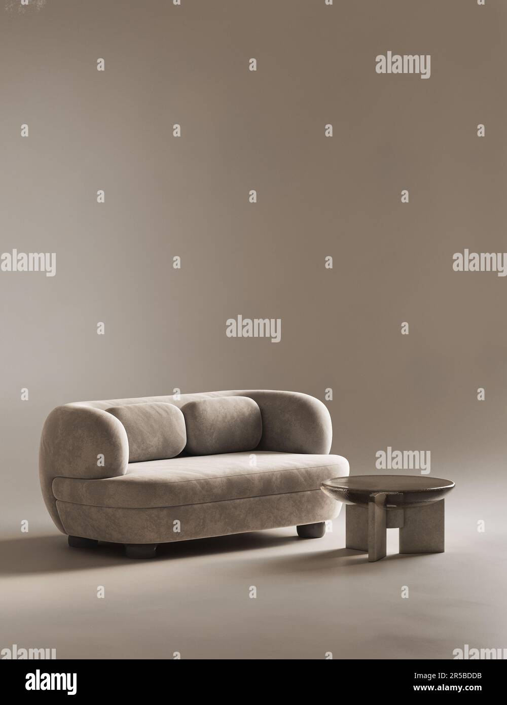 Salle intérieure conceptuelle avec mur en stuc. Canapé de composition créative avec table dans des tons pastel bruns chaleureux. Maquette arrière-plan vide. 3d rendu Banque D'Images