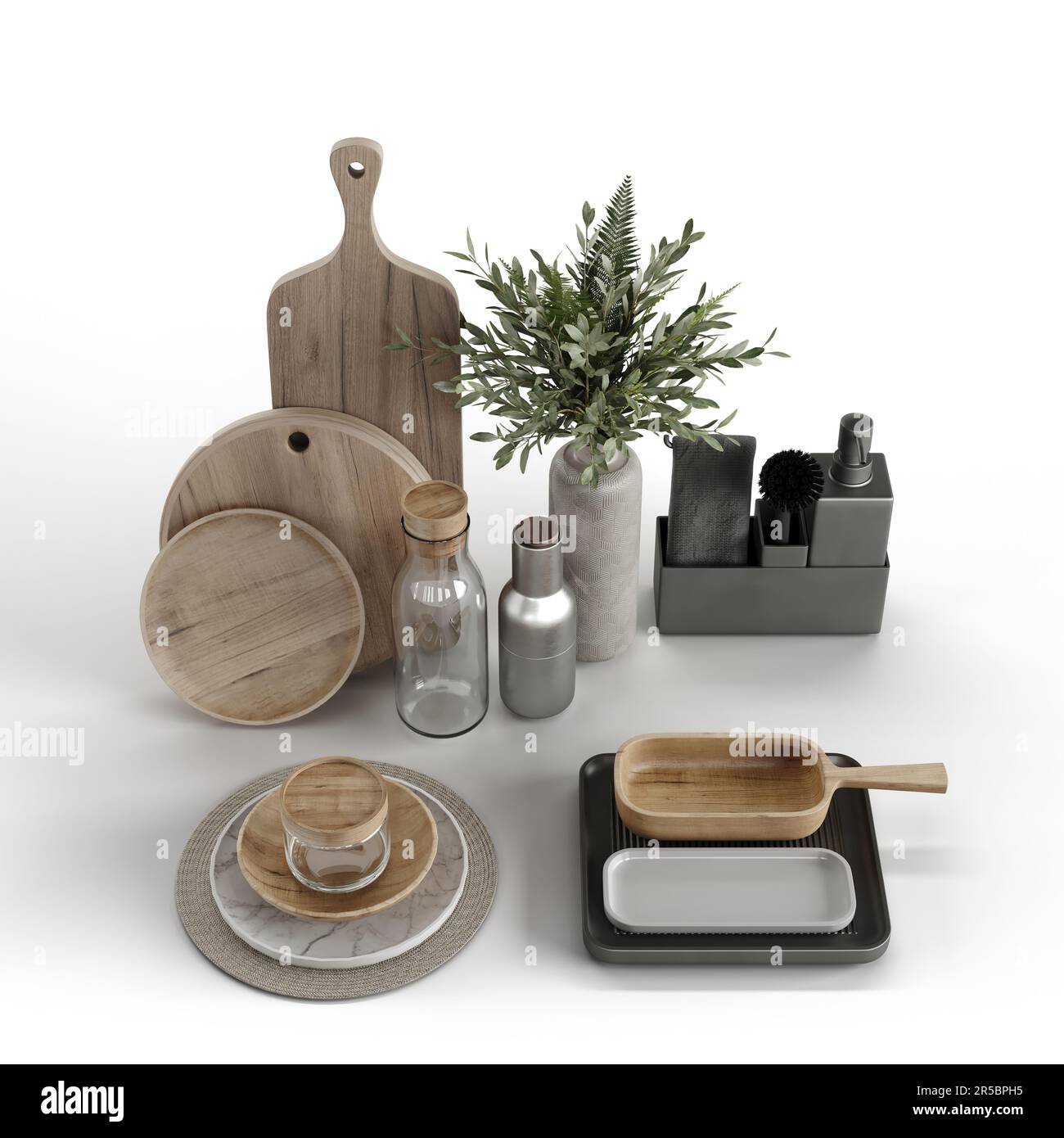 Un rendu réaliste en 3D d'une sélection d'ustensiles de cuisine sur un fond blanc Uni Banque D'Images