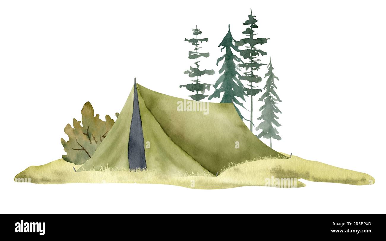 Camping Paysage avec tente et sapins forestiers. Illustration d'aquarelle dessinée à la main sur fond blanc isolé avec bannière de Camp de randonnée pour le tourisme. Dessin pour une expédition d'aventure dans une forêt. Banque D'Images