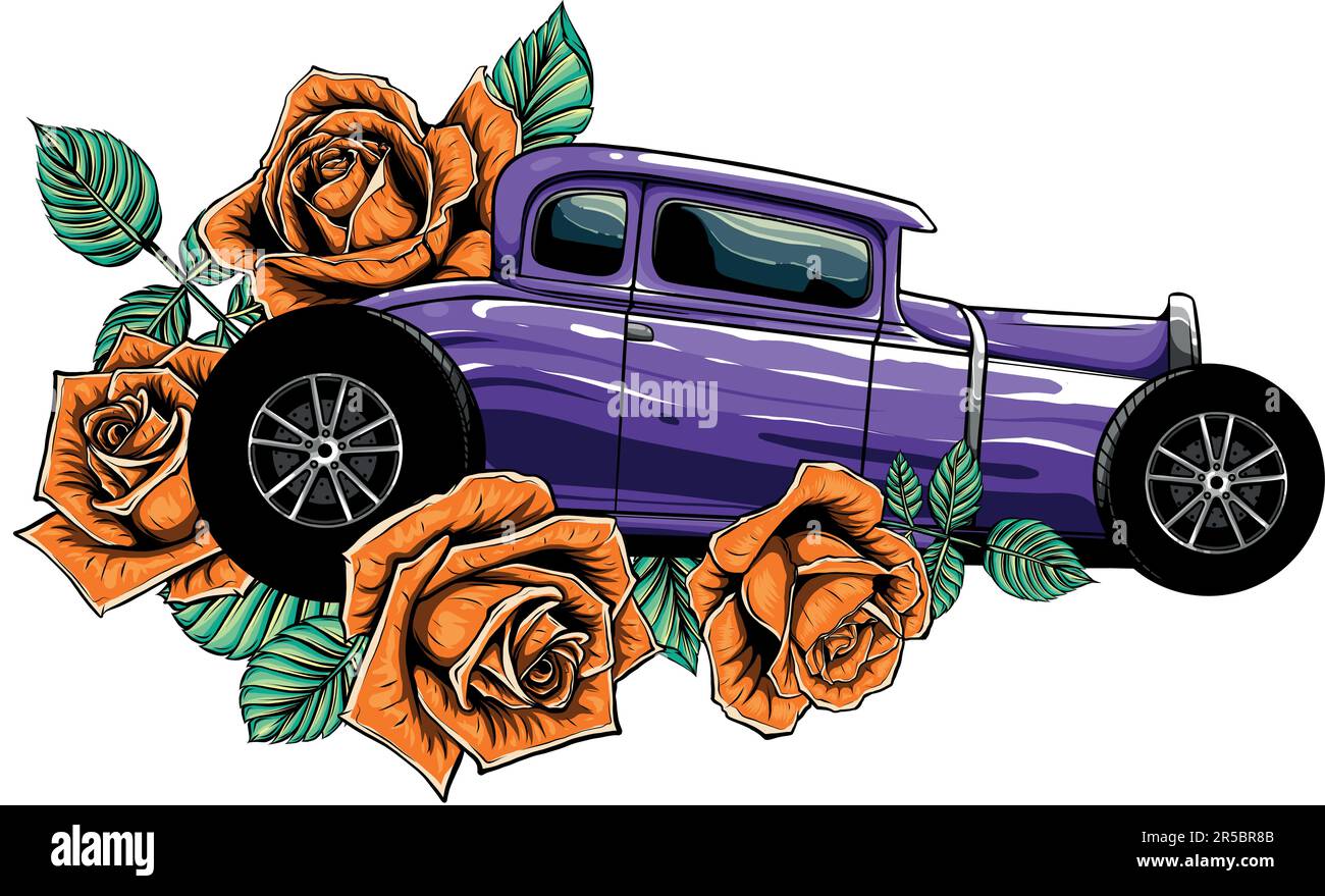 illustration vectorielle de voiture à tige chaude avec des roses Illustration de Vecteur