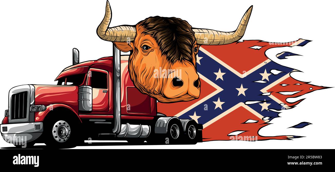 chariot américain avec motif d'illustration vectoriel de taureau et de drapeau confédéré Illustration de Vecteur
