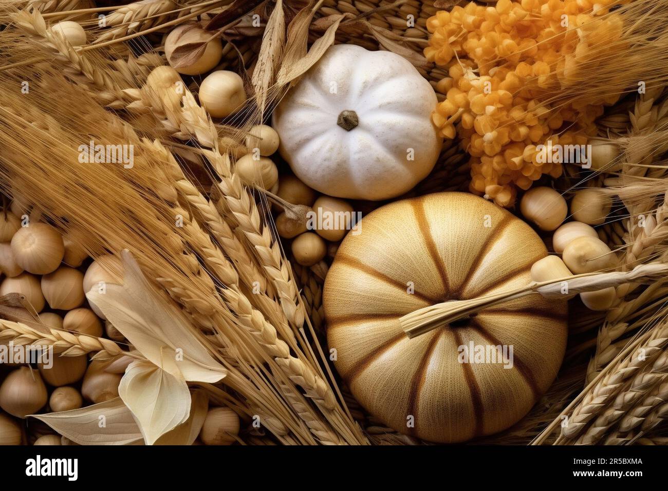 Beige récolte de la vie fixe d'automne. Seigle doré, fleurs sèches, citrouilles, tons neutres. Composition d'automne Banque D'Images