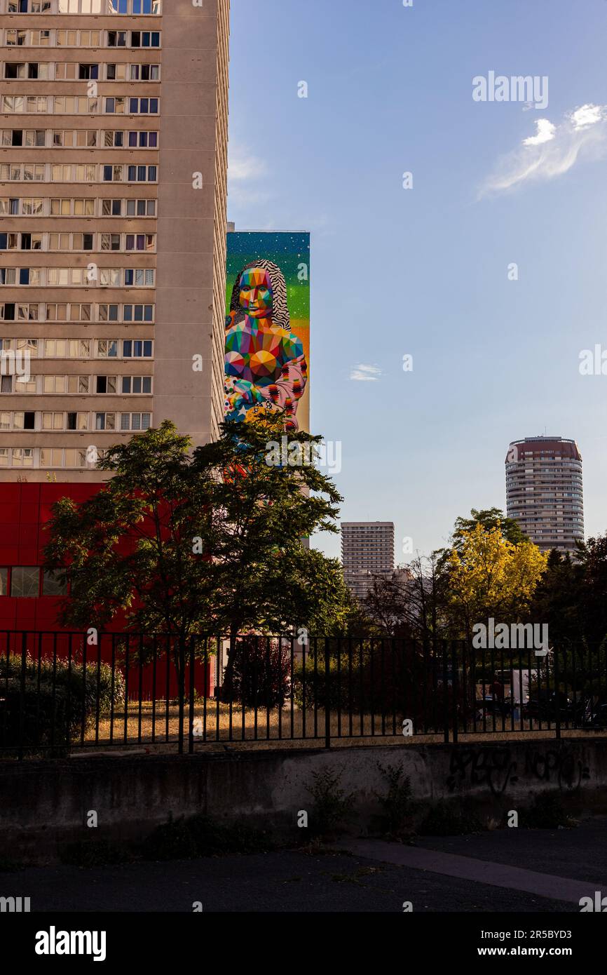 Paris, France - 13, juillet : vue de la murale géante peinte sous le titre de la nouvelle Joconde de Okuda San Miguel dans le 13th arrondissement de Paris sur 13 juillet, Banque D'Images Paris, France - 13, juillet : vue de la murale géante peinte sous le titre de la nouvelle Joconde de Okuda San Miguel dans le 13th arrondissement de Paris sur 13 juillet, Banque D'Images