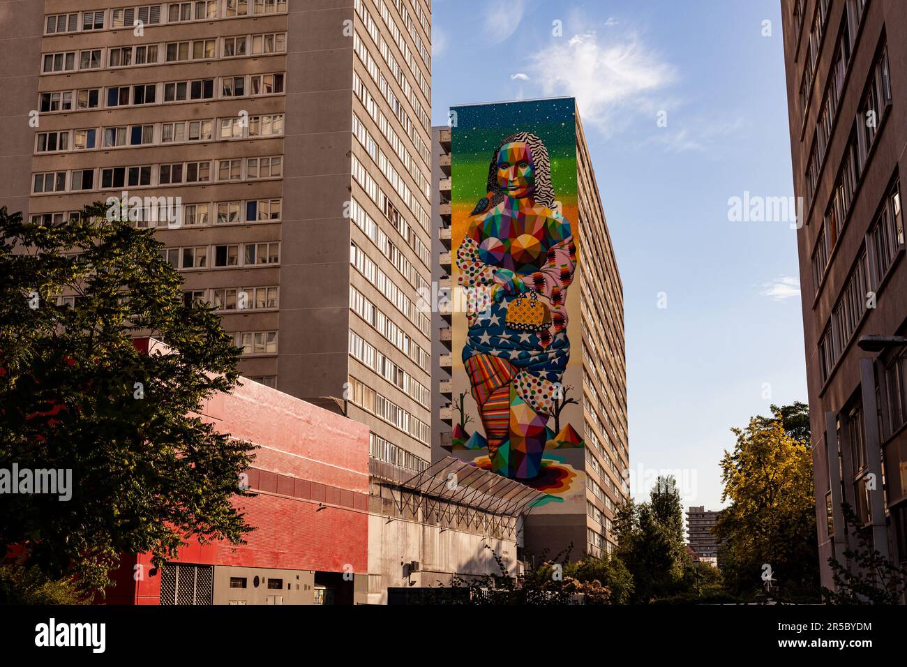Paris, France - 13, juillet : vue de la murale géante peinte sous le titre de la nouvelle Joconde de Okuda San Miguel dans le 13th arrondissement de Paris sur 13 juillet, Banque D'Images Paris, France - 13, juillet : vue de la murale géante peinte sous le titre de la nouvelle Joconde de Okuda San Miguel dans le 13th arrondissement de Paris sur 13 juillet, Banque D'Images