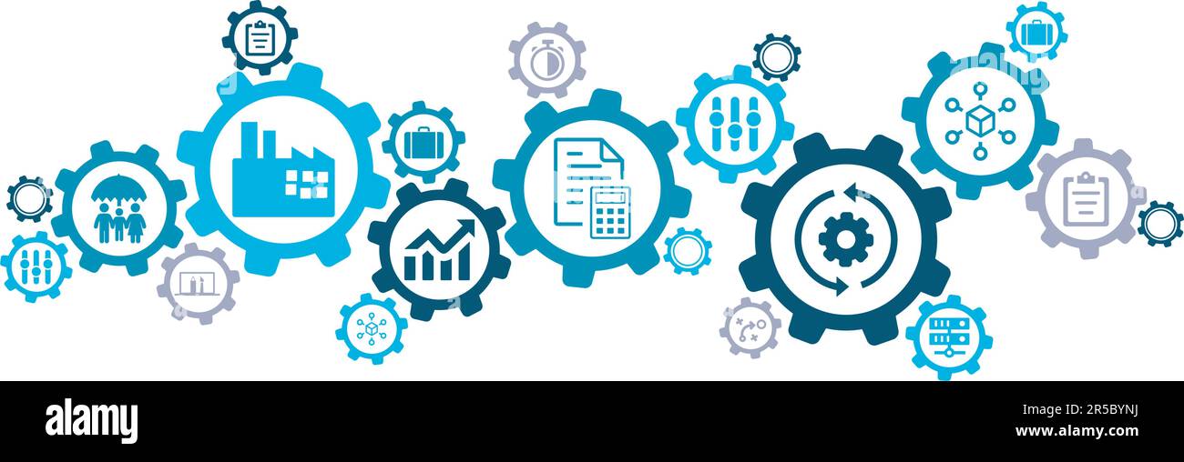 Bannière d'illustration de vecteur de gestion des opérations. Concept bleu lié à l'organisation, à la planification et à la stratégie de projet, au flux de matériaux, à l'entrée et à la sortie Illustration de Vecteur